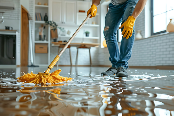 Person in gloves mopping a wet, shiny wooden floor in a bright, modern home with a stylish interior.